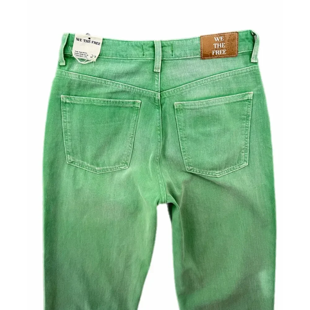 We the Free People NWT Pacifica Green High Rise Slim Straight Leg Denim Jeans